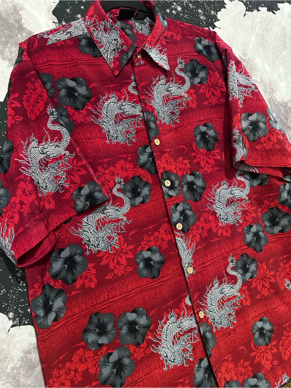 Dragons & Flowers Hawaiian Style Button Up Shirt - Picture 3 of 8